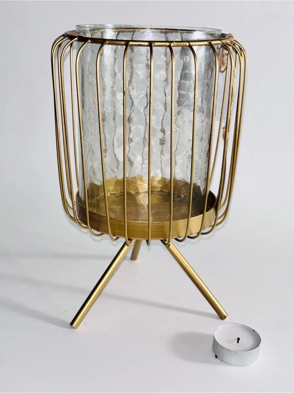 Brass Metal Cage Candle Holder with Glass Hurricane - Gold